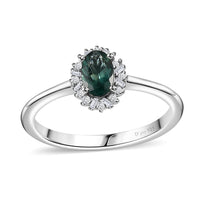 Ocean Blue Apatite, Diamond Halo Ring in Platinum Over Sterling Silver (Size 10.0) 0.60 ctw