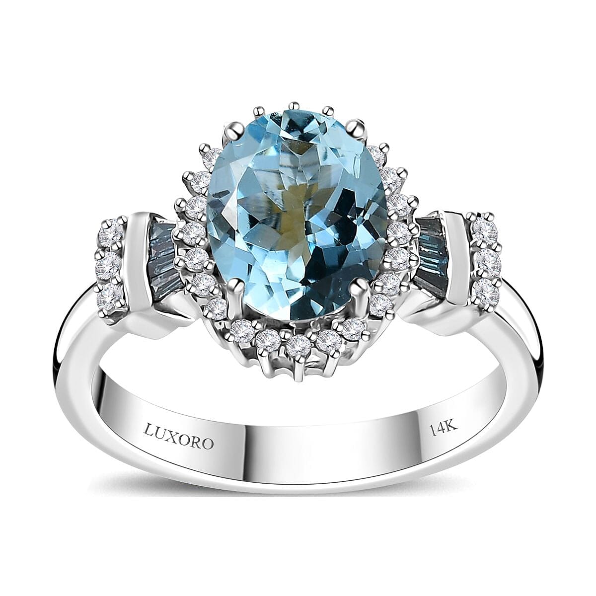 Luxoro 14K White Gold AAA Santa Maria Aquamarine and I2-I3 Venice Blue and White Diamond Ring (Size 7.0) 4.40 Grams 1.90 ctw