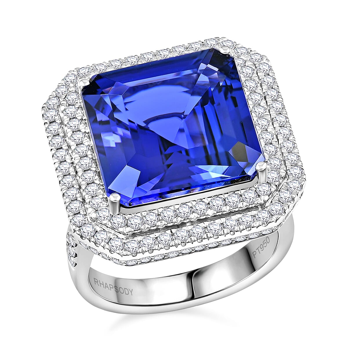 Chairman Vault Collection Certified & Appraised Rhapsody 950 Platinum AAAA Tanzanite and E-F VS Diamond Double Halo Ring 14.18 Grams 14.65 ctw