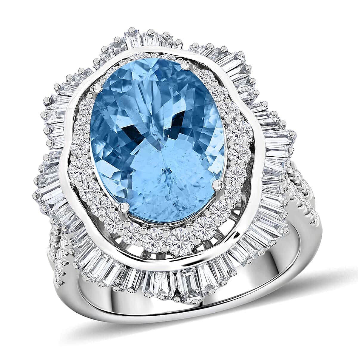 Certified & Appraised Chairman’s Signature Collection Rhapsody 950 Platinum AAAA Santa Maria Aquamarine and E-F VS Diamond Ring (Size 7.0) 14.78 Grams 7.10 ctw