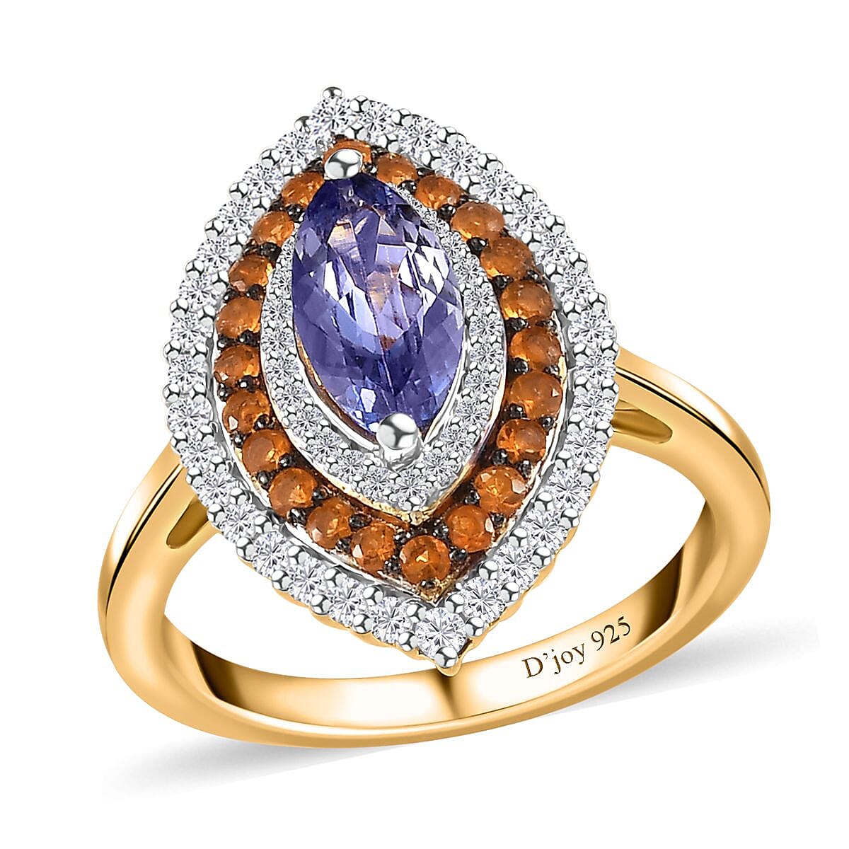 Tanzanite and Multi Gemstone Elongated Ring in Vermeil Yellow Gold Over Sterling Silver (Size 10.0) 1.85 ctw