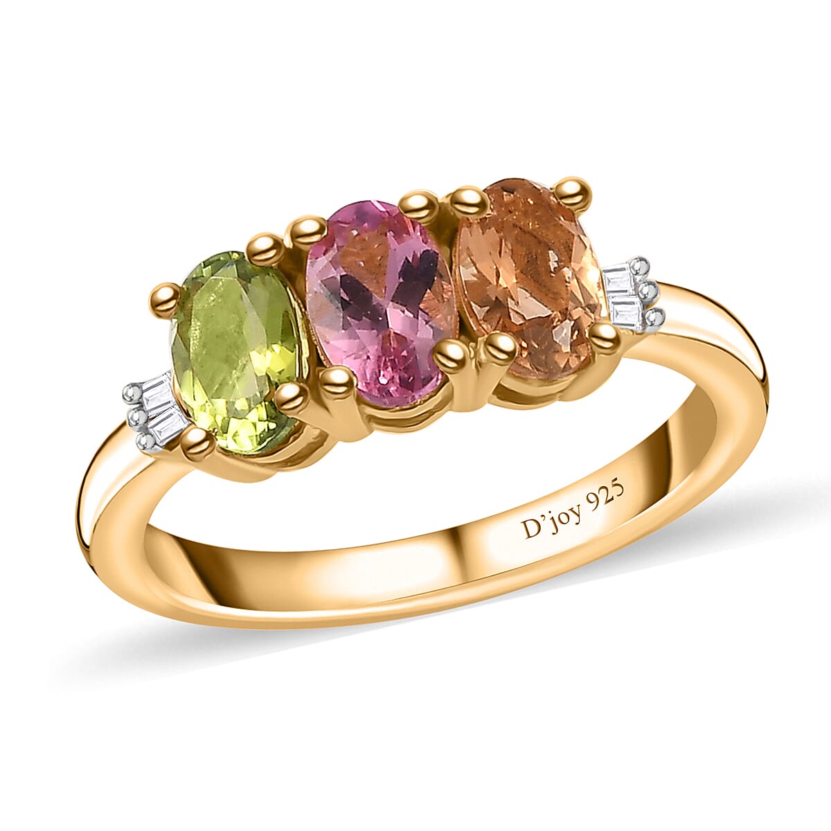 Premium Calabar Pink, Green and Golden Tourmaline, Diamond 3 Stone Ring in Vermeil YG Over Sterling Silver (Size 9.0) 1.40 ctw