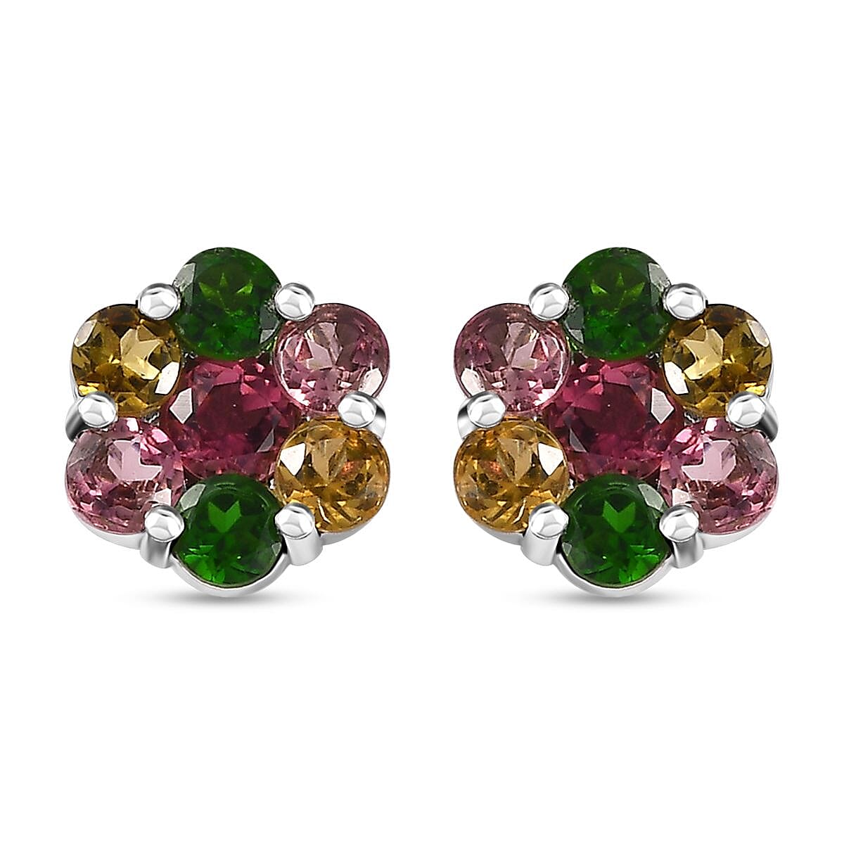 Multi-Tourmaline Floral Stud Earrings in Platinum Over Sterling Silver (Del. in 10-12 Days) 2.00 ctw