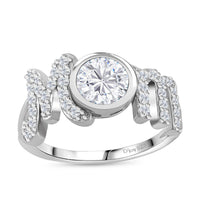 White Moissanite (Rnd 6.5mm) MOM Ring in Rhodium Over Sterling Silver (Size 7.0) 1.40 ctw