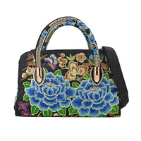 Blue Floral Embroidered Handbag with Shoulder Strap (12.6"x4.7"x9")