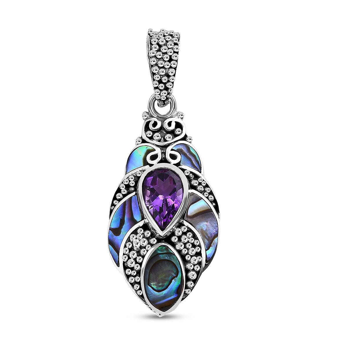 Bali Legacy Abalone Shell, Amethyst Pendant in Sterling Silver 1.20 ctw