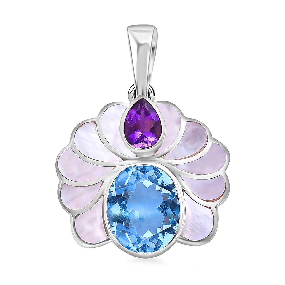 Bali Legacy White Shell Pearl, African Amethyst and Sky Blue Topaz 7.00 ctw Pendant without Chain in Sterling Silver