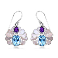 Bali Legacy White Shell Pearl, African Amethyst and Sky Blue Topaz 7.50 ctw Earrings in Sterling Silver