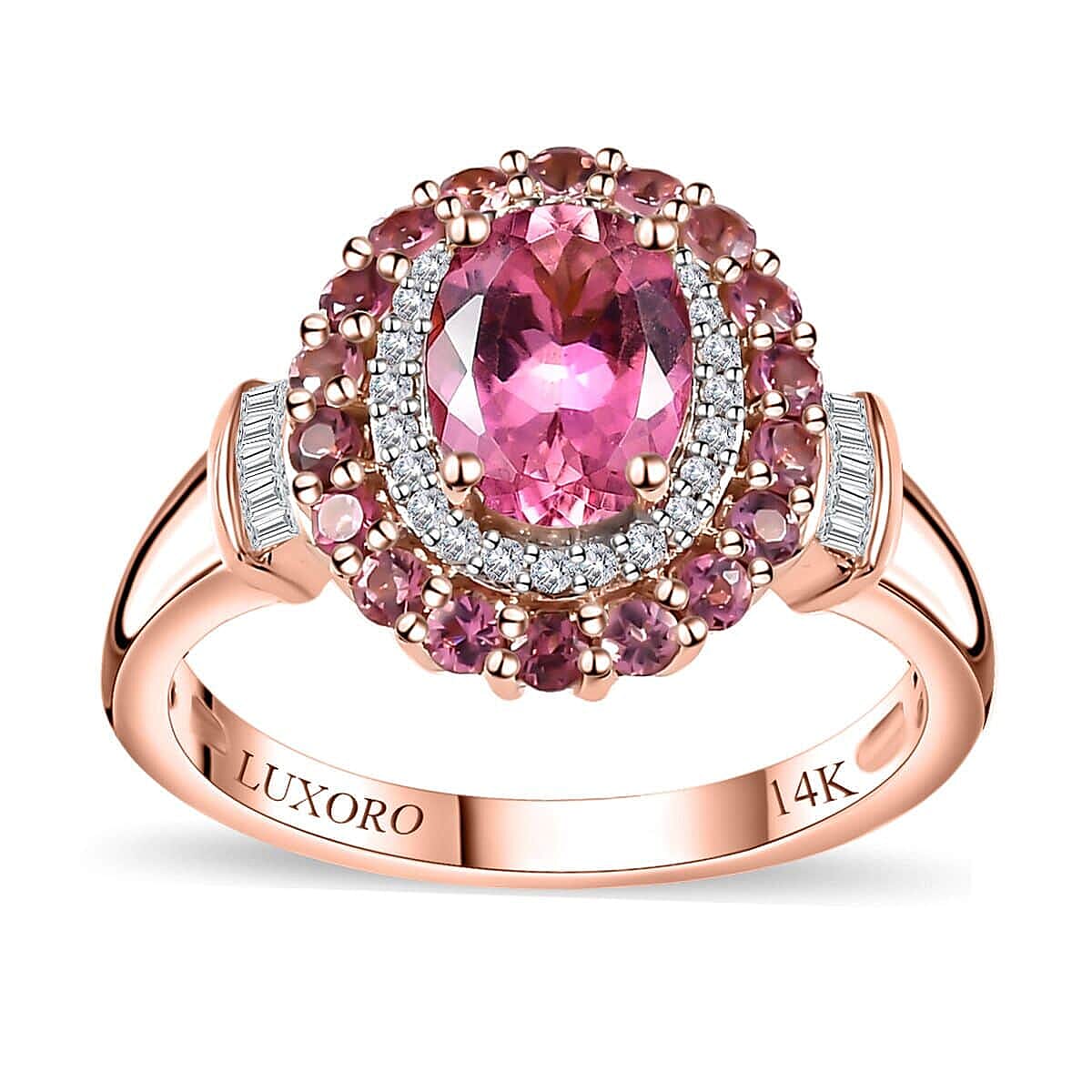 Luxoro 14K Rose Gold AAA Morro Redondo Pink Tourmaline, Diamond (I2) (0.18 cts) Double Halo Ring (Size 7.0) (4 g) 1.80 ctw