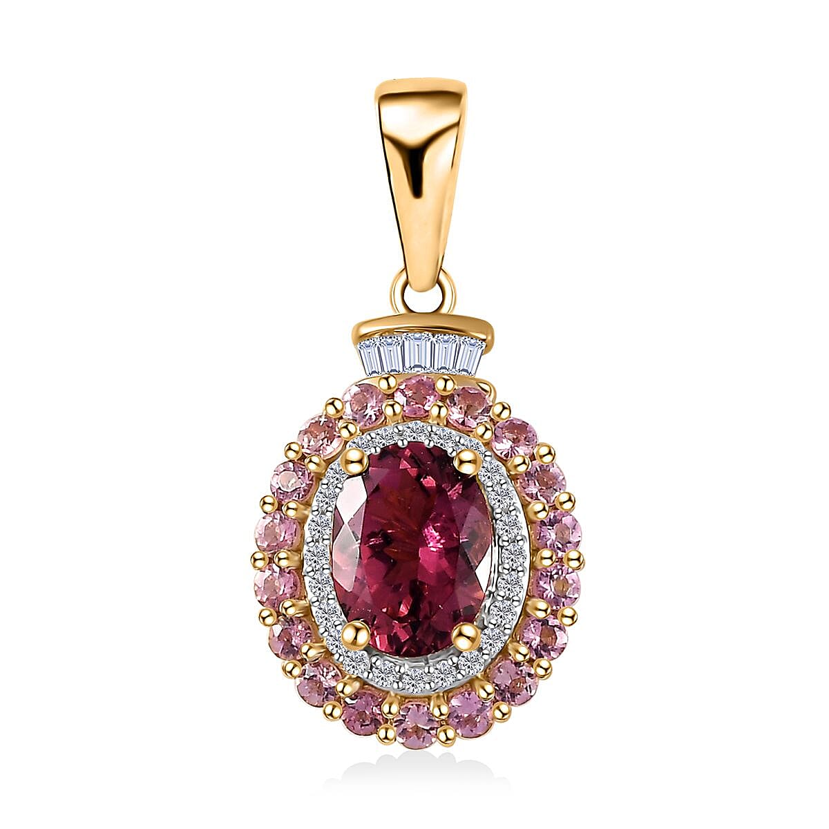 Luxoro 14K Rose Gold AAA Morro Redondo Pink Tourmaline and I2 Diamond Double Halo Pendant 1.85 ctw
