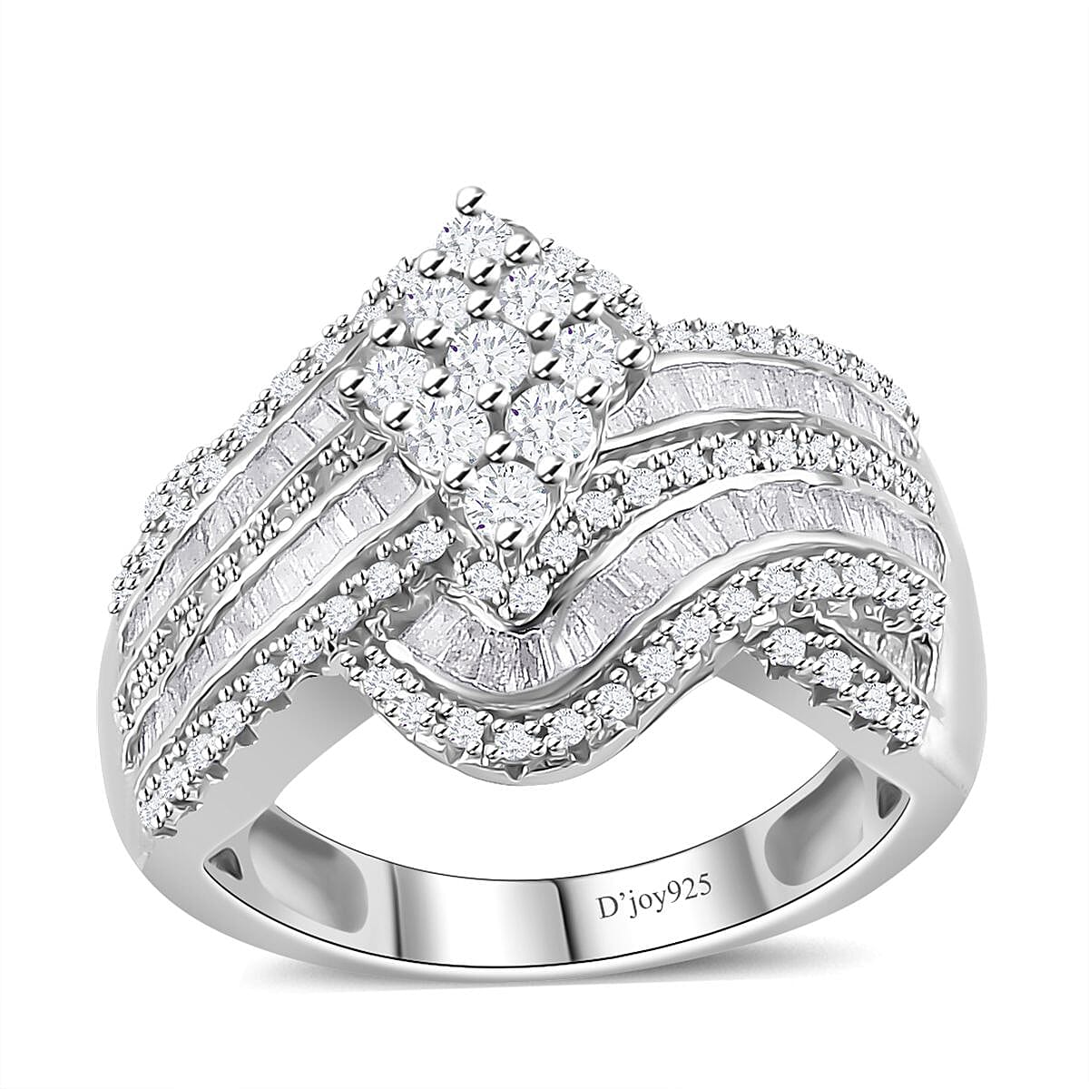 TLV White Diamond Cluster Ring in Platinum Over Sterling Silver (Size 8.0) 1.00 ctw