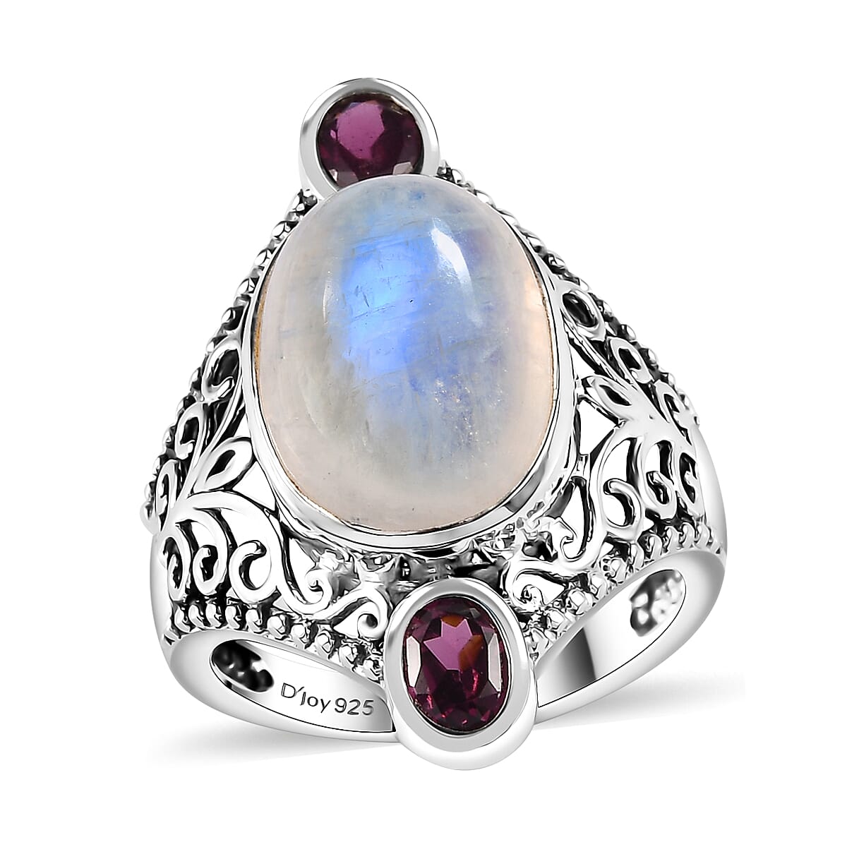 Artisan Crafted AAA Moon Glow Moonstone and Orissa Rhodolite Garnet Ring in Sterling Silver (Size 11.0) 7.10 ctw