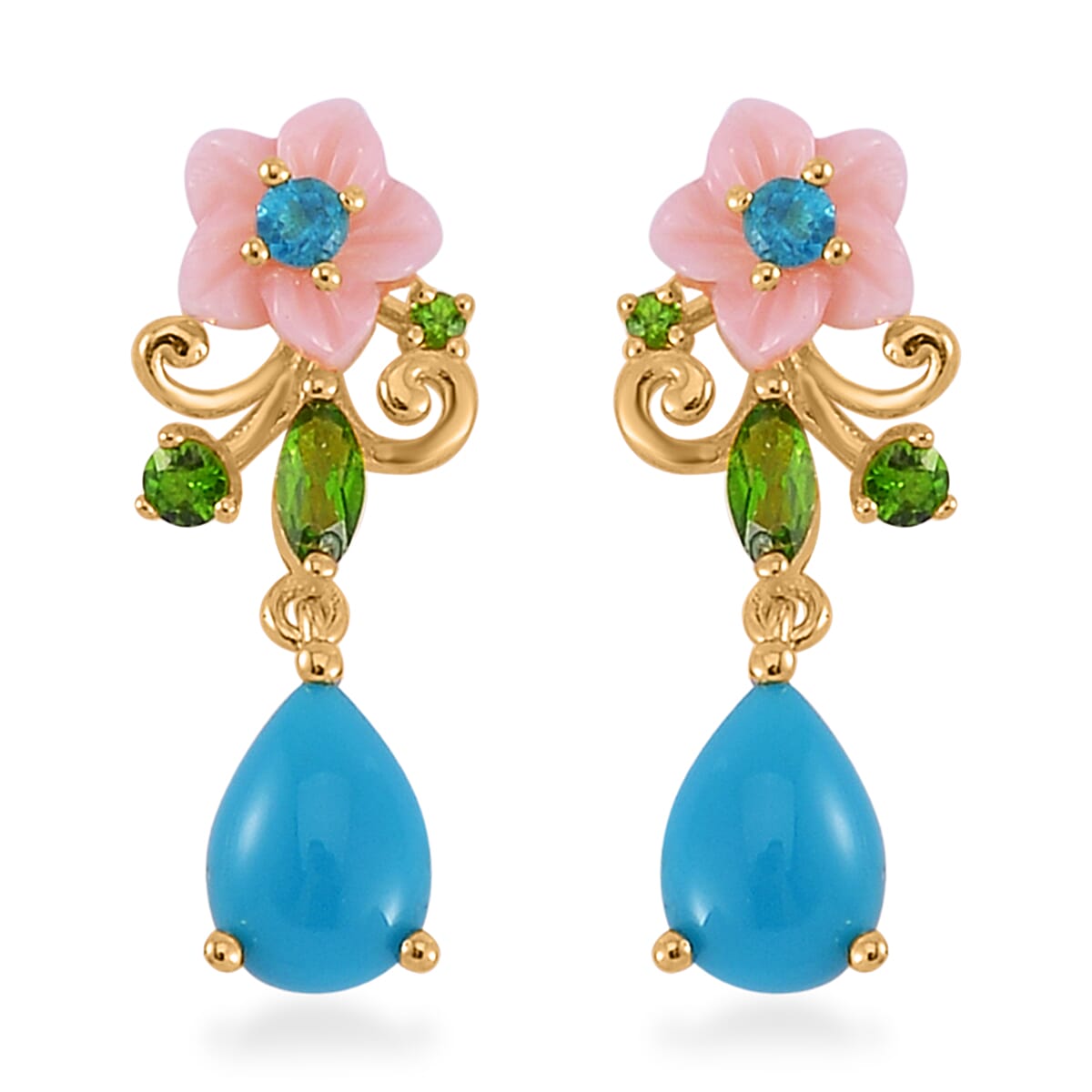 Sleeping Beauty Turquoise and Multi Gemstone Drop Earrings in Vermeil Yellow Gold Over Sterling Silver 1.60 ctw