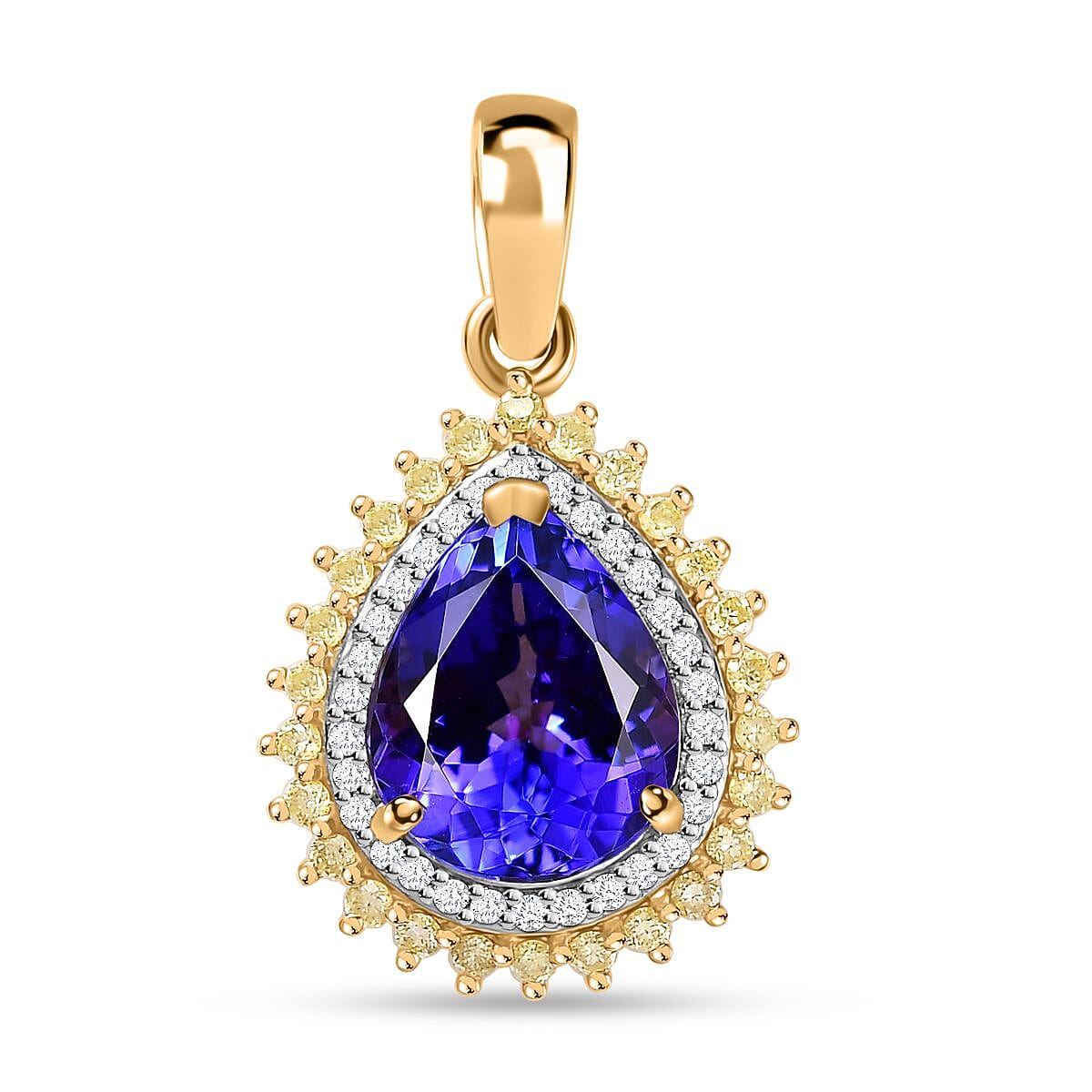 Luxoro 14K Yellow Gold AAA Tanzanite and I2 Natural Yellow and White Diamond Double Halo Pendant 2.90 ctw