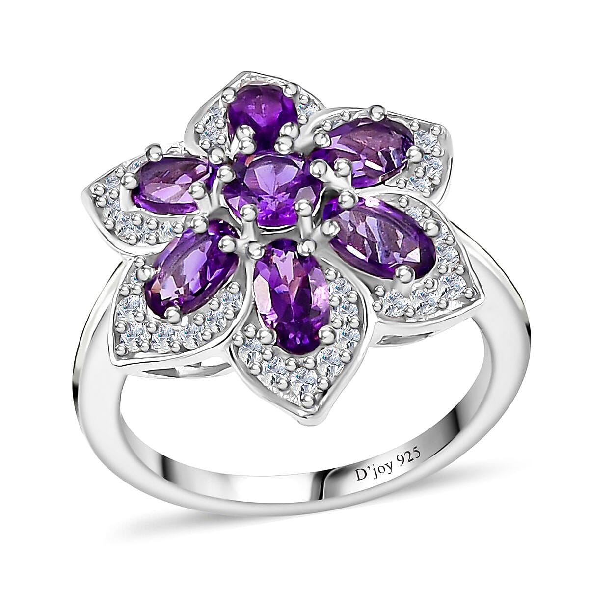 Uruguayan Amethyst, White Zircon Floral Ring in Platinum Over Sterling Silver (Size 10.0) 1.90 ctw