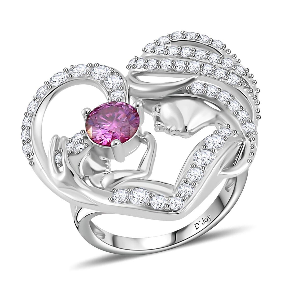 Pink Moissanite (Rnd 6.5mm), White Moissanite Mother and Child Love Heart Ring in Rhodium Over Sterling Silver (Size 8.0) 2.10 ctw