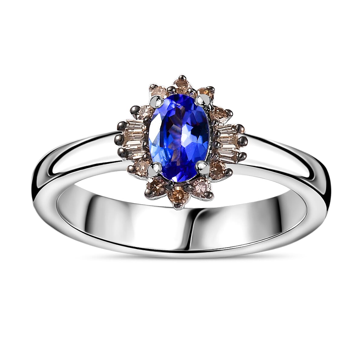 Tanzanite, Natural Champagne Diamond Halo Ring in Platinum Over Sterling Silver (Size 10.0) 0.50 ctw