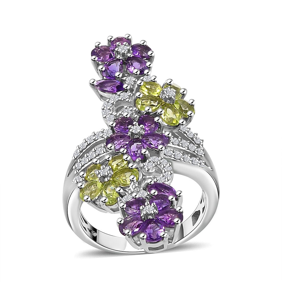 Premium Uruguay Amethyst, Multi Gemstone Ring in Platinum Over Sterling Silver (Size 10.0) 5.00 ctw