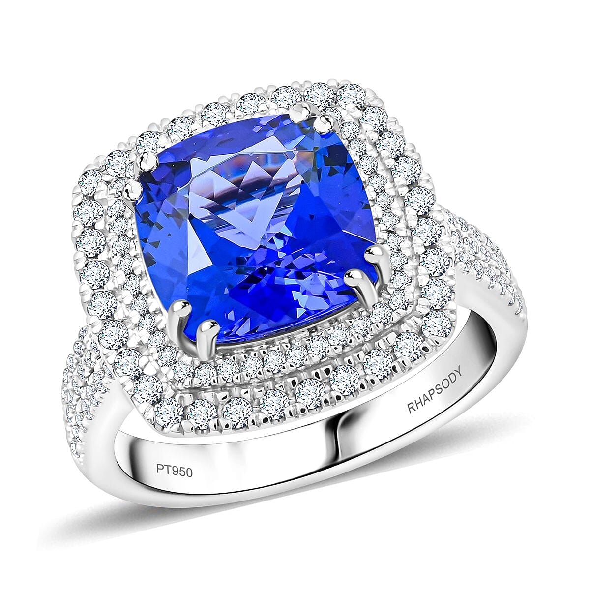 Certified & Appraised Rhapsody 950 Platinum AAAA Tanzanite, Diamond (E-F, VS) (0.69 cts) Ring (Size 10.0) (10.45 g) 5.75 ctw