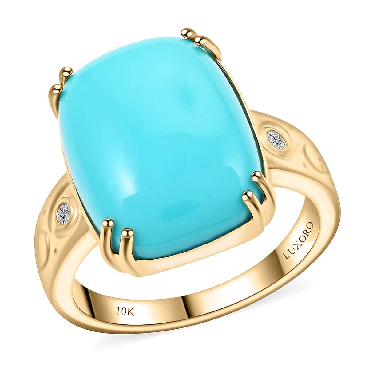 Certified & Appraised Luxoro 10K Yellow Gold AAA Sleeping Beauty Turquoise, Diamond (I2) Ring (Size 10.0) 7.20 ctw