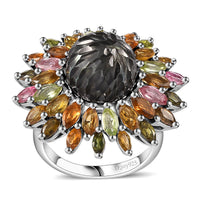 Epic deal Tahitian Cultured Pearl (Rnd 11-12mm), Multi-Tourmaline Floral Ring in Rhodium Over Sterling Silver (Size 10.0) 4.20 ctw