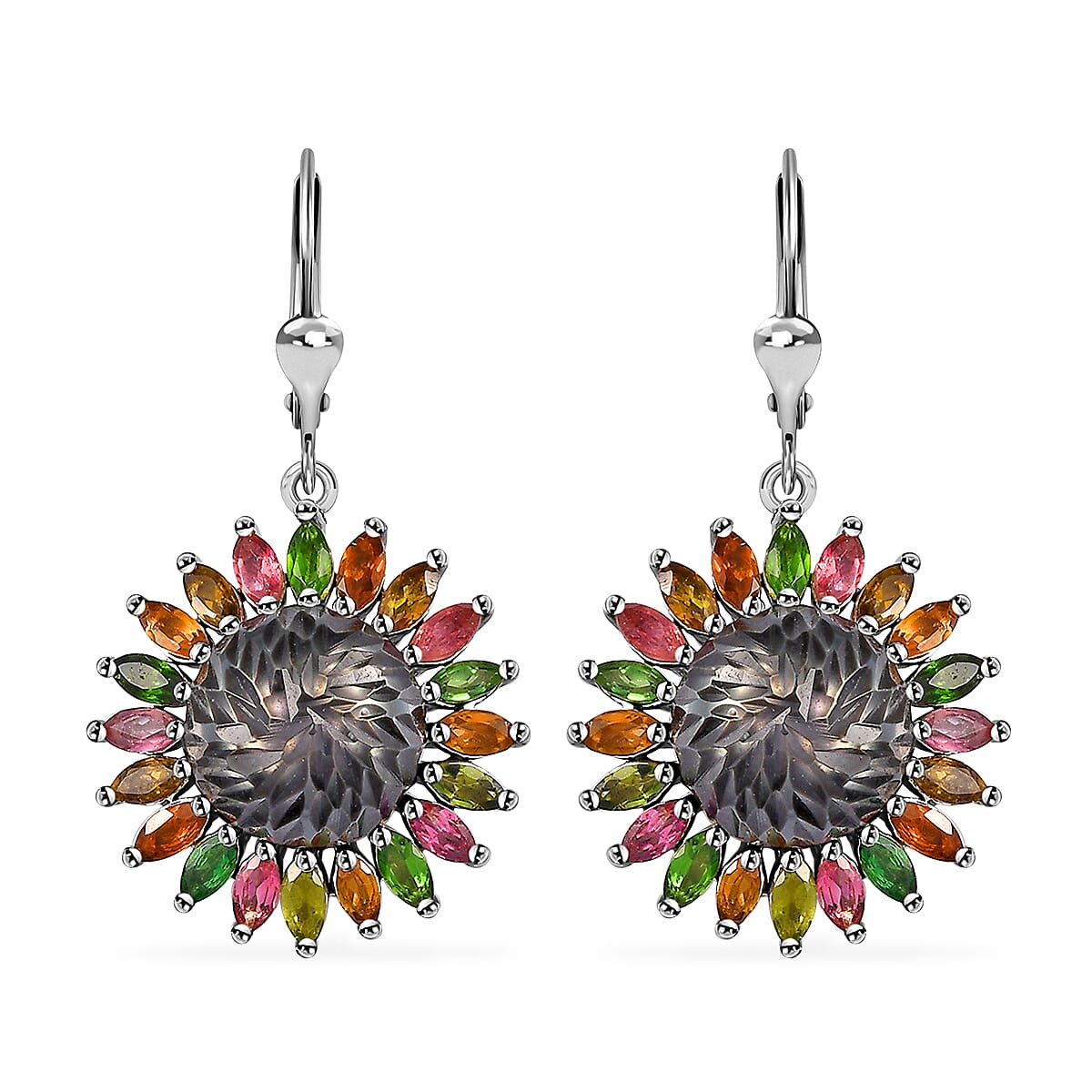 Tahitian Cultured Pearl Carved and Multi-Tourmaline Black Eyed Susan Floral Earrings in Rhodium Over Sterling Silver 3.60 ctw