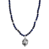 Lapis Lazuli Beaded Men's Necklace 24 Inches with Lion Charm in Stainless Steel 345.00 ctw