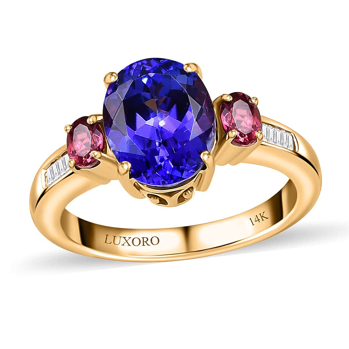 Luxoro 14K Yellow Gold AAA Tanzanite, Ouro Fino Rubellite and G-H I2 Diamond Ring (Size 7.0) 3.75 ctw