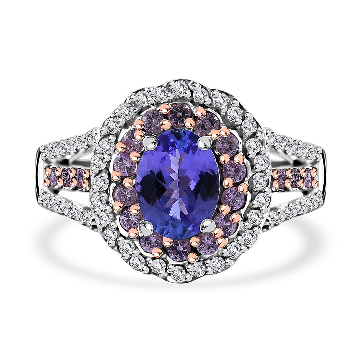 TLV Tanzanite, Multi Gemstone Cocktail Ring in Platinum Over Sterling Silver (Size 10.0) 2.30 ctw