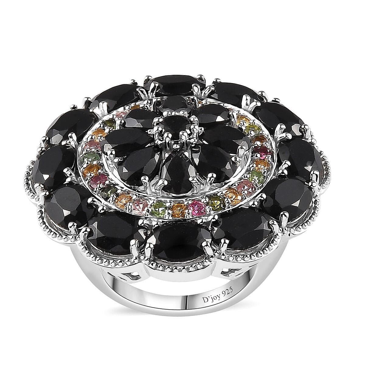 Thai Black Spinel and Multi-Tourmaline Floral Ring in Platinum Over Sterling Silver (Size 10.0) 17.25 ctw