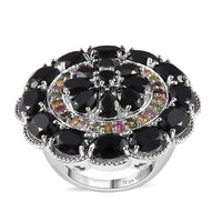 Thai Black Spinel and Multi-Tourmaline Floral Ring in Platinum Over Sterling Silver (Size 10.0) 17.25 ctw