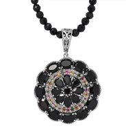 Thai Black Spinel and Multi-Tourmaline Floral Pendant with Beaded Necklace 18-20 Inches in Platinum Over Sterling Silver 97.10 ctw