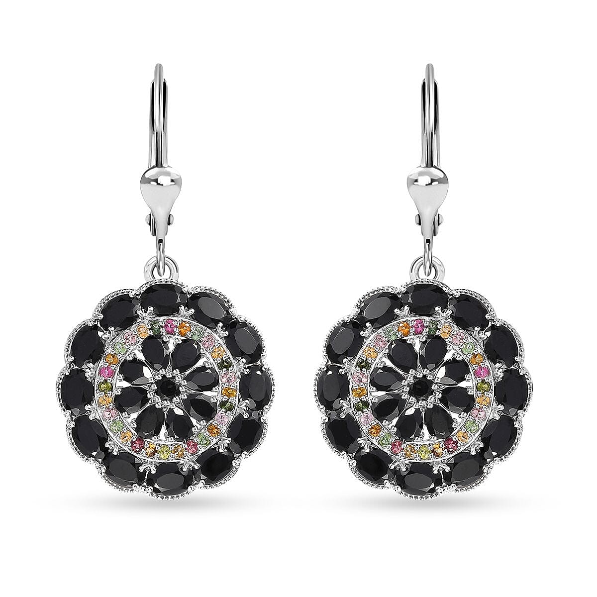 D'Joy Thai Black Spinel and Multi-Tourmaline Floral Lever Back Earrings in Platinum Over Sterling Silver 20.40 ctw