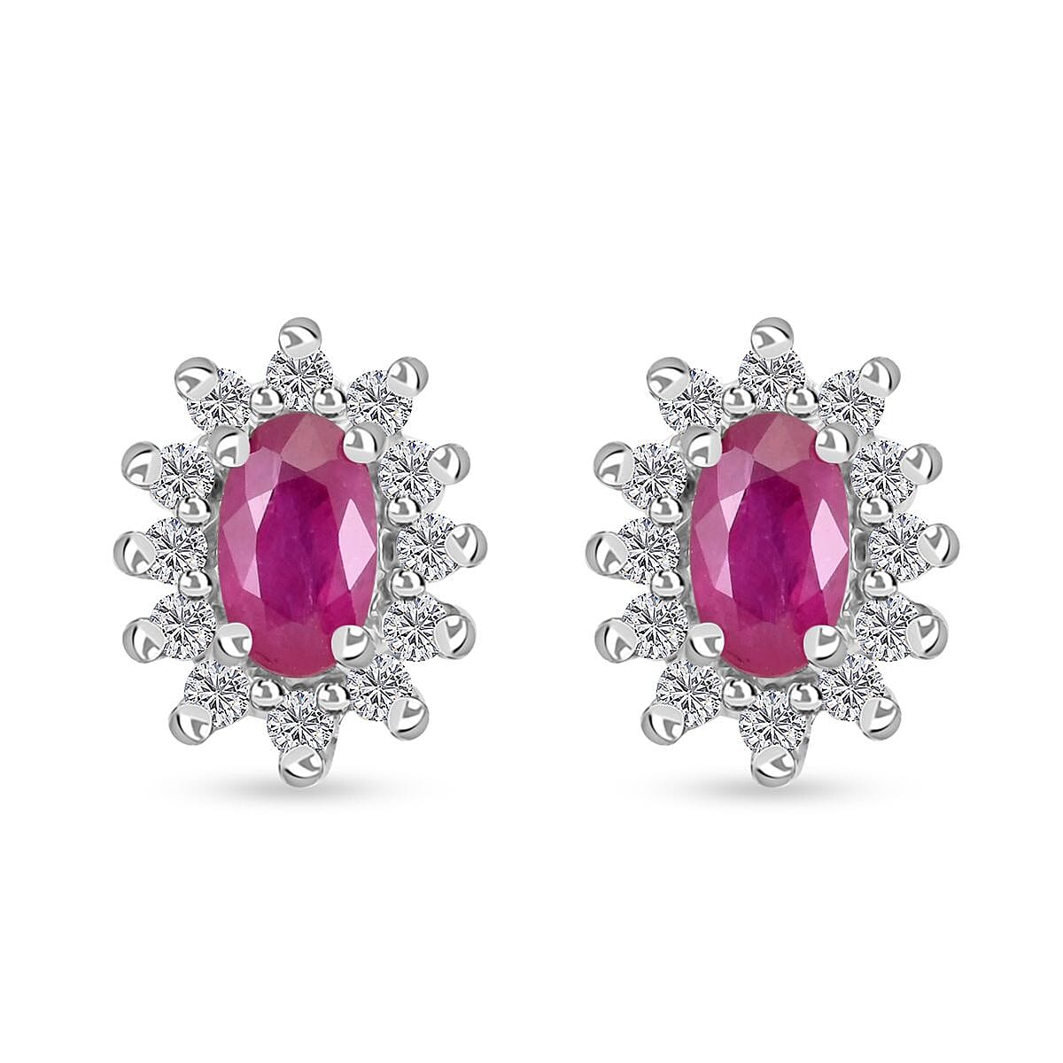 Premium Mozambique Ruby and White Zircon Sunburst Stud Earrings in Platinum Over Sterling Silver 1.10 ctw