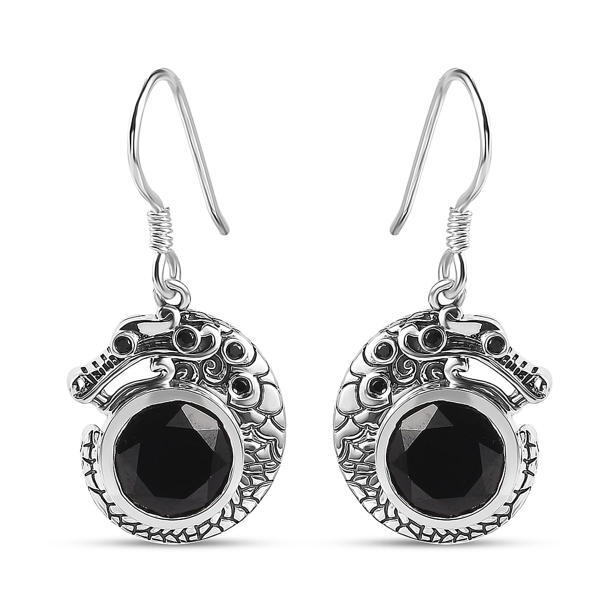 Artisan Crafted Thai Black Spinel Dragon Earrings in Sterling Silver 9.20 ctw
