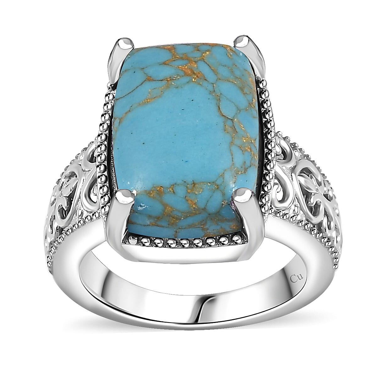 Blue Turquoise Solitaire Ring in Platinum Over Copper with Magnet (Size 10.0) 6.65 ctw
