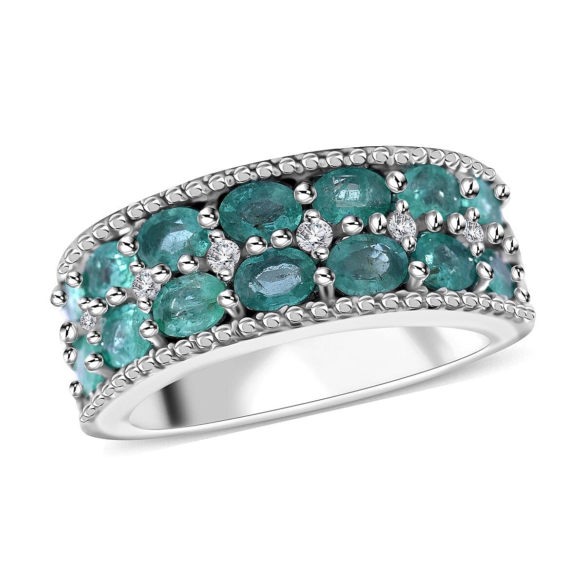 Kagem Zambian Emerald and White Zircon Ring in Platinum Over Sterling Silver 2.60 ctw