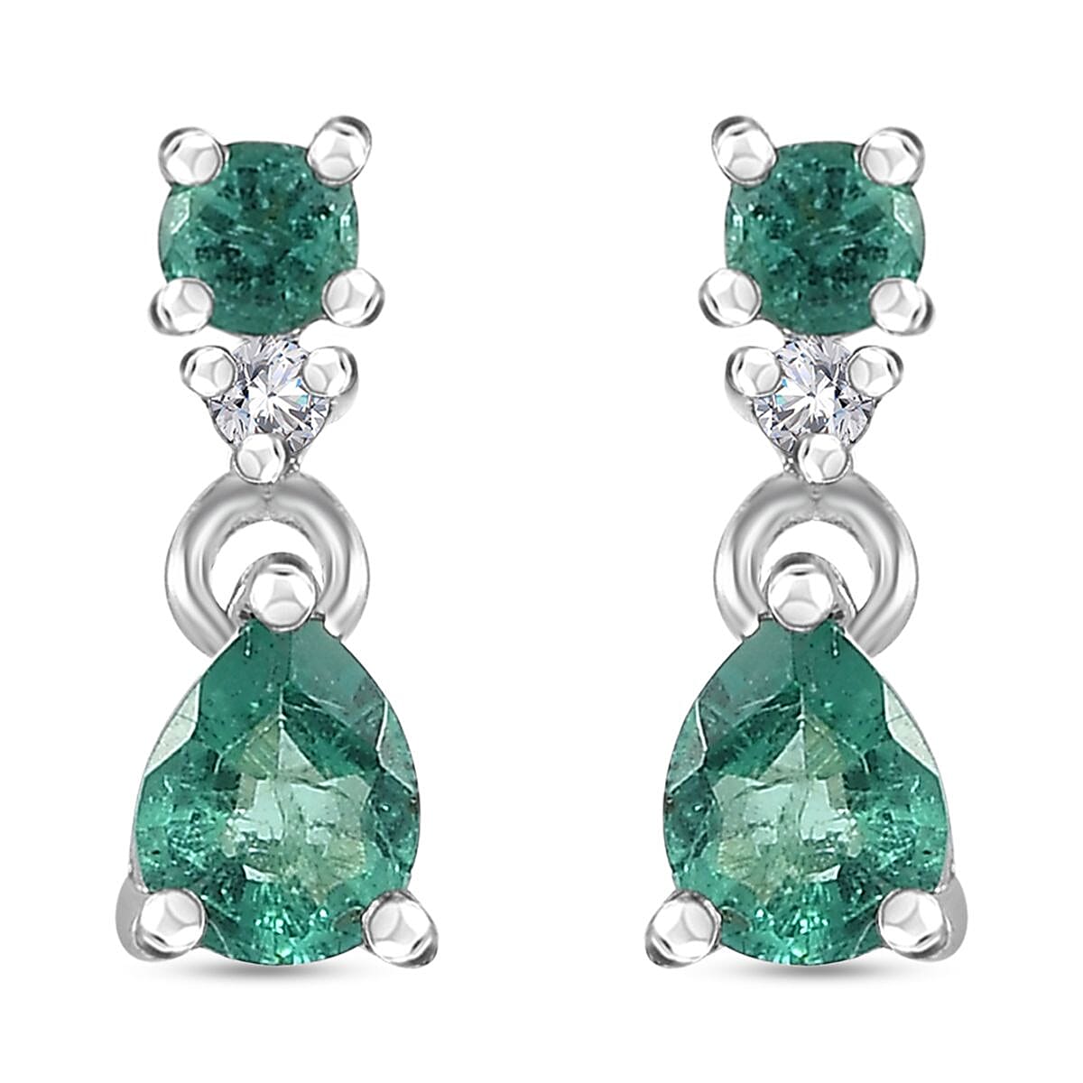 AAA Kagem Zambian Emerald and White Zircon Dangle Earrings in Platinum Over Sterling Silver 0.35 ctw