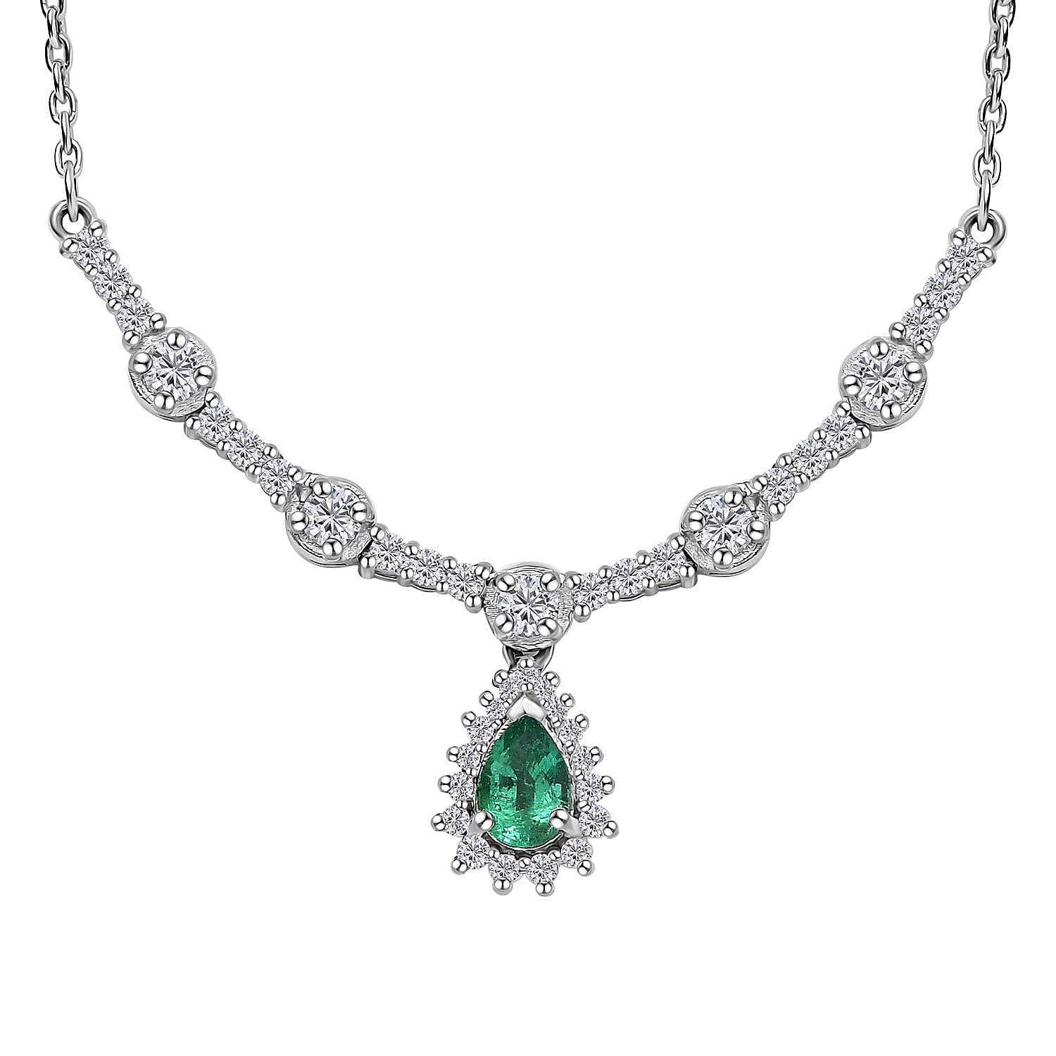 AAA Kagem Zambian Emerald and Moissanite Drop Necklace 18-20 Inches in Platinum Over Sterling Silver 1.15 ctw