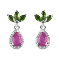 Premium Royal Ruby and Chrome Diopside Dangling Earrings in Platinum Over Sterling Silver 1.60 ctw