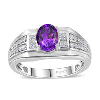 AAA Moroccan Amethyst, White Zircon Men's Ring in Rhodium Over Sterling Silver (Size 10.0) 1.70 ctw