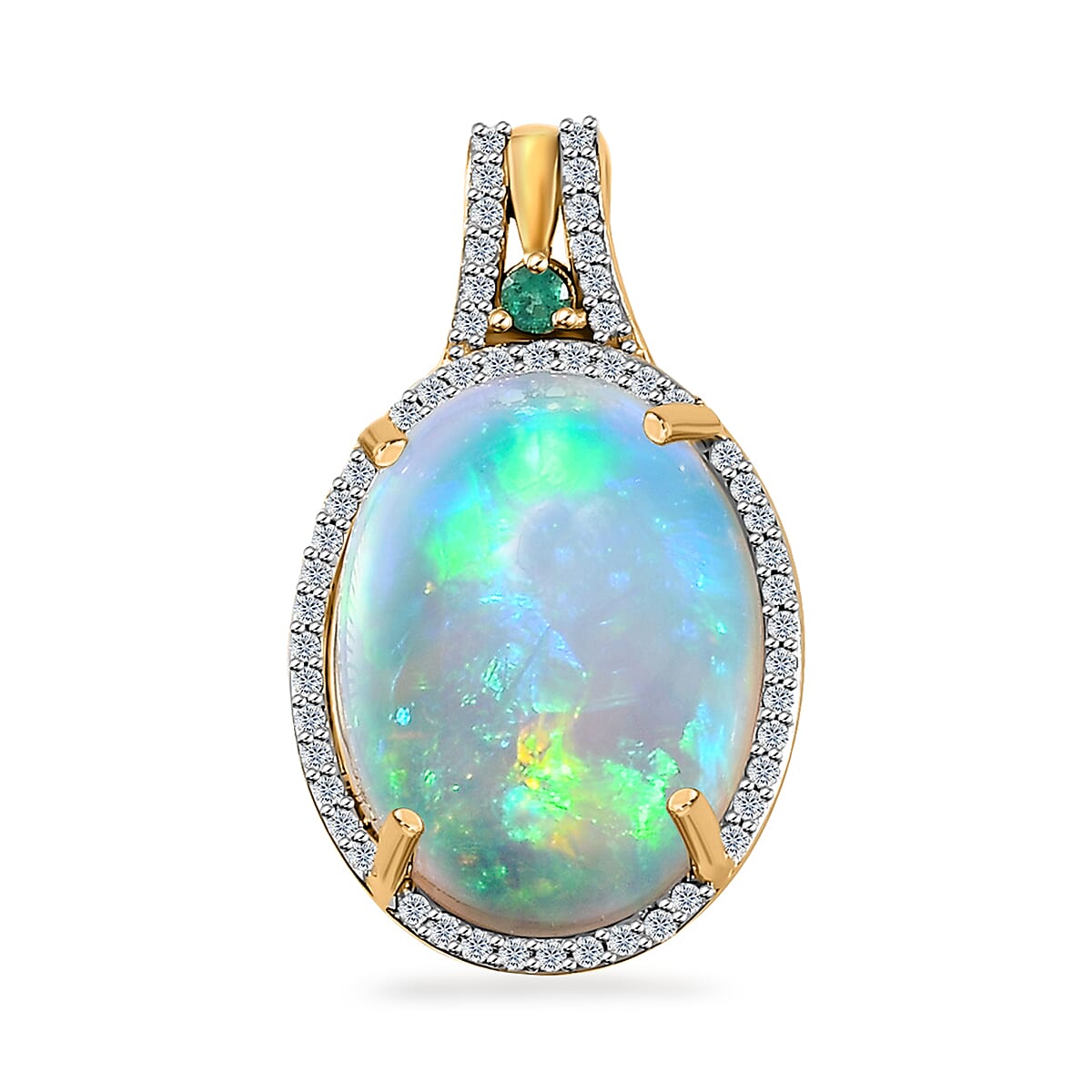Luxoro 14K Yellow Gold AAA Ethiopian Welo Opal, AAAA Boyaca Colombian Emerald and G-H I2 Diamond Halo Pendant without Chain 6.00 ctw