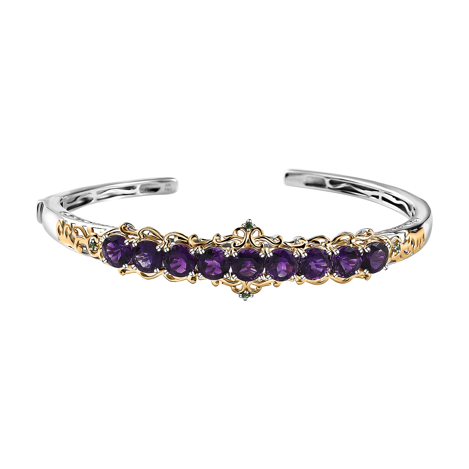 Premium Moroccan Amethyst and Chrome Diopside Cuff Bracelet in Vermeil Yellow Gold and Rhodium Over Sterling Silver 7.60 ctw