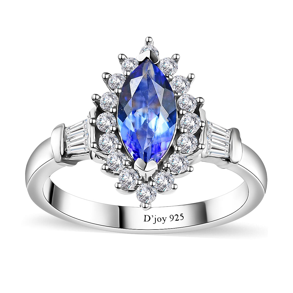 Tanzanite and White Zircon Sunburst Ring in Rhodium Over Sterling Silver (Size 10.0) 1.30 ctw