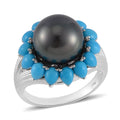 One Time Only Tahitian Cultured Pearl 11-12mm, Sleeping Beauty Turquoise Floral Ring in Rhodium Over Sterling Silver (Size 10.0) - Sticky add to cart bar