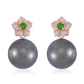 Tahitian Cultured Pearl, Chrome Diopside and Purple Mother of Pearl Carved Cosmos Floral Earrings in Rhodium Over Sterling Silver 0.10 ctw - Sticky add to cart bar