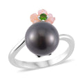 One Time Only Tahitian Cultured Pearl 11-12mm, Chrome Diopside, Purple Mother of Pearl Carved Floral Bypass Ring in Rhodium Over Sterling Silver (Size 10.0) - Sticky add to cart bar