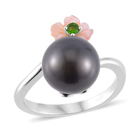One Time Only Tahitian Cultured Pearl 11-12mm, Chrome Diopside, Purple Mother of Pearl Carved Floral Bypass Ring in Rhodium Over Sterling Silver (Size 10.0)