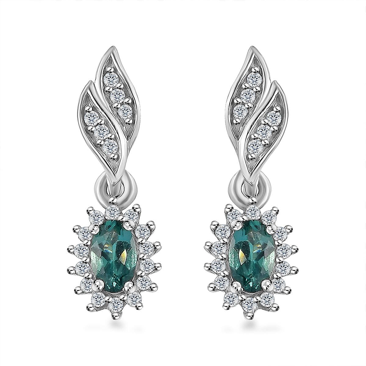 Indian Ocean Apatite and White Zircon Sunburst Earrings in Platinum Over Sterling Silver 0.85 ctw