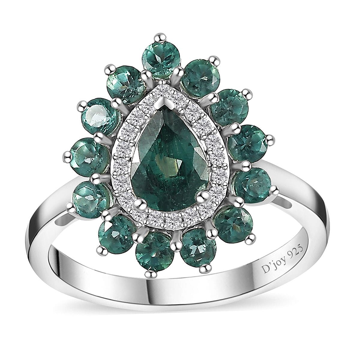 Indian Ocean Apatite, Moissanite Floral Ring in Platinum Over Sterling Silver (Size 10.0) 1.90 ctw